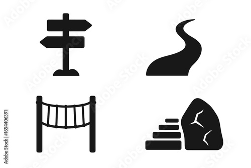 Hiking trail glyph icon set. Outdoor adventure and nature exploration symbols. Signpost for direction, winding path, rope bridge crossing, and stone steps vector icons.