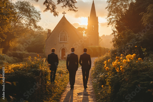 men walking towards a church.