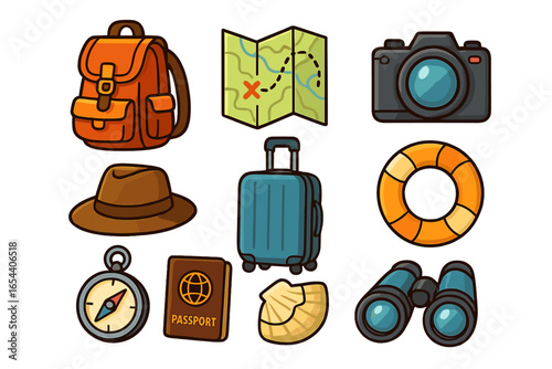Essential Travel and Adventure Vacation Planning Icons. Cartoon Vector Set Featuring Backpack, Map, Camera, Suitcase, Passport, Compass, Lifebuoy, Binoculars, Hat, Shell. Transparent Background.