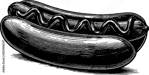 Engraved hot dog illustration in bold black lines for retro design projects