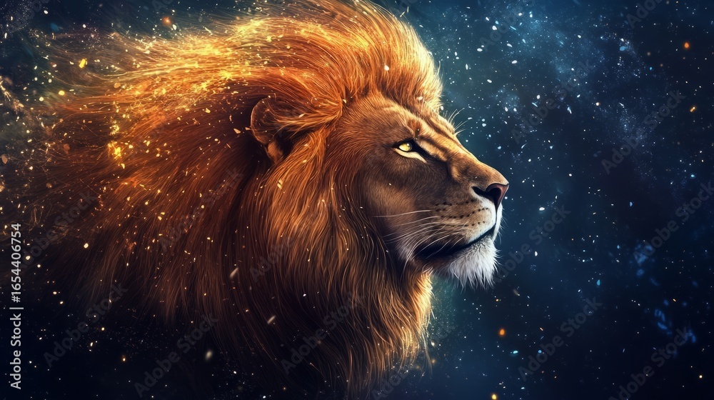 Naklejka premium High resolution mystical lion portrait with glowing eyes and majestic aura, powerful wild animal artwork symbolizing strength, courage, and spiritual energy in a stunning fantasy digital illustration