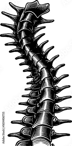 Engraved illustration of human spine anatomy - detailed medical sketch for educational use
