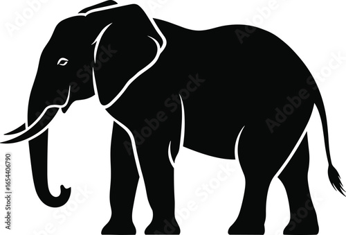 Elephant silhouette vector, side profile illustration, black animal icon, tusks and trunk detail, wildlife graphic, nature symbol, safari design
