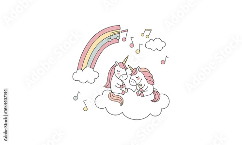 Cute Unicorns Sleeping on Cloud with Rainbow