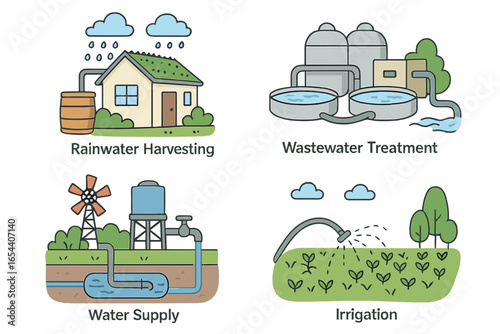 Water Management Systems Vector Set. Rainwater Harvesting, Wastewater Treatment, Water Supply, Irrigation. Eco-Friendly Cartoon Diagram for Sustainability, Agriculture, Environment, Clean Resources