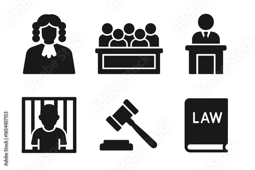 Law and justice solid icon set. Historical court trial symbols. Judge in wig, jury box, witness stand, defendant in prison, gavel, and law book. Legal system vector glyphs.