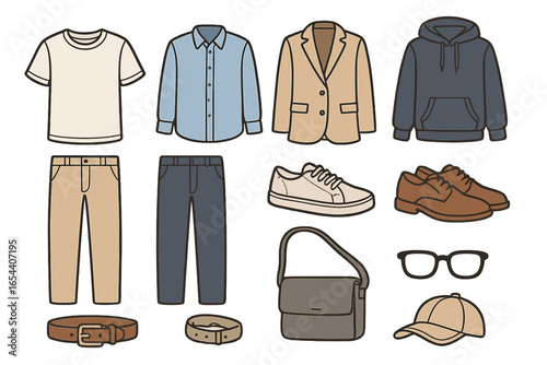 Minimalist men’s fashion collection vector set. Classic shirts, jackets, pants, shoes, accessories, casual and formal style for wardrobe basics, styling ideas, outfit design and retail concepts.