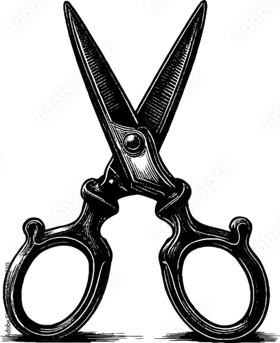 Vintage engraved illustration of kitchen scissors for retro design and art projects