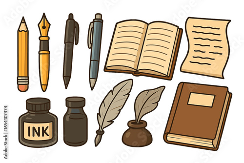 Writing tools and literary artifacts collection. Vintage and modern pens, pencils, quills, ink bottles, open and closed books, manuscript paper for creative writing. Vector cartoon illustration.