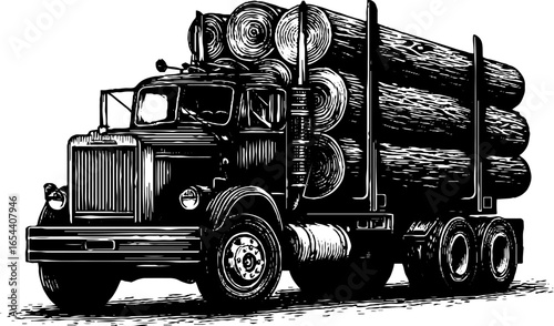 Vintage logging truck illustration engraving - retro industrial design for posters and labels