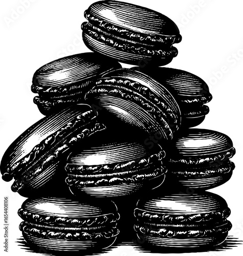 Vintage engraving of stacked macarons for retro design and decoration