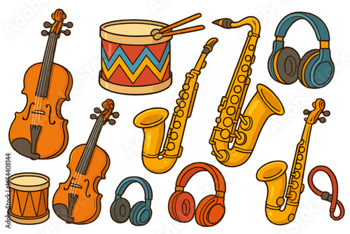 Colorful vector illustration of various musical instruments including violin, saxophone, drum and headphones. Cartoon music clipart for education, band, orchestra, entertainment, musical design.