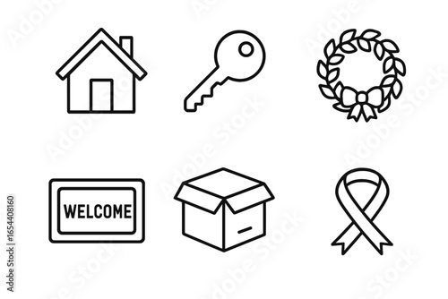 New home icon set. Vector line icons for moving, housewarming gift, and real estate. Includes house silhouette, key, door wreath, welcome mat, moving box, and ribbon.