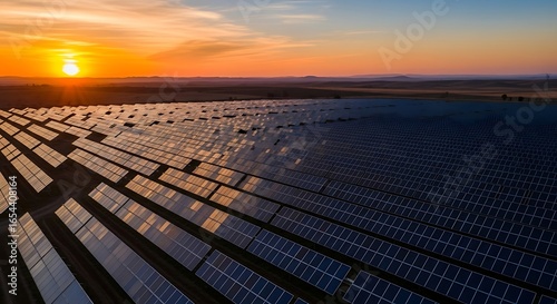 Wallpaper Mural Aerial view of a large solar panel farm at sunset, showcasing rows of photovoltaic panels stretching across a vast landscape. Torontodigital.ca