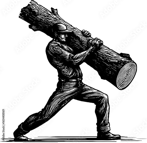 Vintage engraved illustration of man chopping wood. Hand drawn sketch with detailed engraving style.