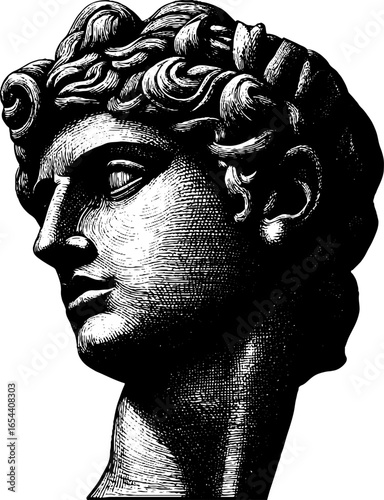 Engraved marble bust sculpture illustration. Vintage hand drawn sketch with fine engraving detail.