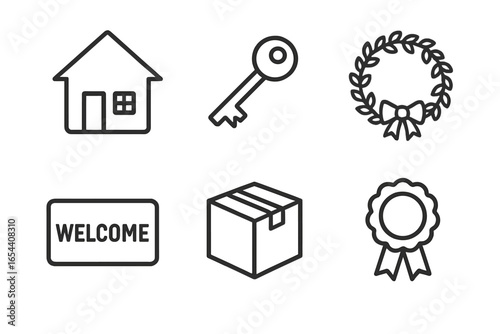 New home and moving day icon set. Vector outline illustration of a house, key, welcome mat, box, and congratulations wreath. Real estate and housewarming party symbols.