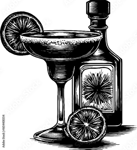Vintage margarita glass and lime engraving for retro print design