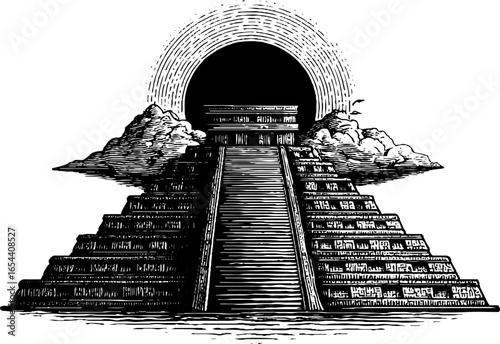 Ancient mayan pyramid in black and white engraving style for design and decor