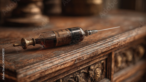 Antique syringe on wooden surface