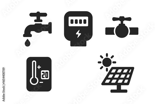 Home utilities solid icon set. Household services glyphs. Water tap, electric meter, gas valve, thermostat, solar panel. Energy consumption and conservation concept vector.