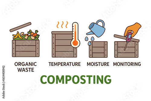 Composting Process Vector Illustration with Organic Waste, Temperature, Moisture, Monitoring; Sustainable Waste Management, Eco-Friendly Gardening, Environmental Recycling Concept