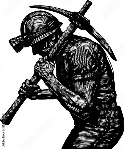 Vintage engraving of miner with pickaxe in classic silhouette