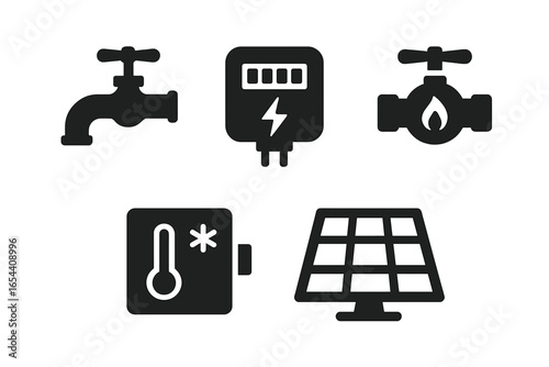 Home utilities icon set. Solid glyph vector collection of essential house services. Water tap, electric meter, gas valve, thermostat, and solar panel symbols for power.