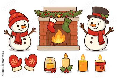 Festive winter holiday decorations with cartoon snowmen, cozy fireplace with fire, Christmas stockings, garland, mittens, candles, and cheerful seasonal arrangement vector illustration