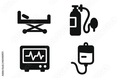 Hospital equipment solid icon set. Medical vector glyphs for healthcare. Clinic symbols collection with hospital bed, oxygen tank, heart rate monitor, ECG, and IV drip bag.