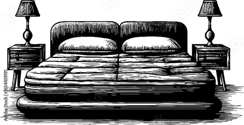 Vintage engraved illustration of modern bedroom with bedside lamps and nightstands for home decor design