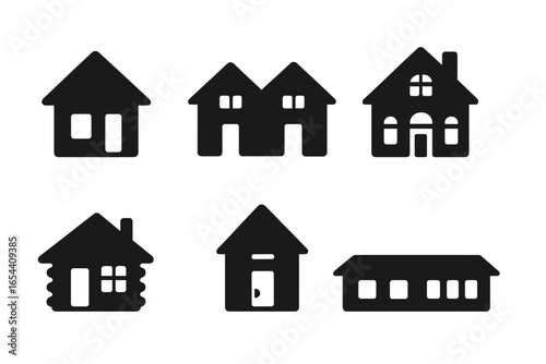 House icons set. Solid black glyph collection of homes. Real estate symbols. Vector illustration of suburban house, duplex, villa, cabin, tiny home, and ranch house.
