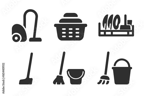 Household chores solid glyph icon set. Housework and cleaning service symbols. Vector pictograms of vacuum cleaner, laundry basket, dish rack, broom, mop, and bucket.