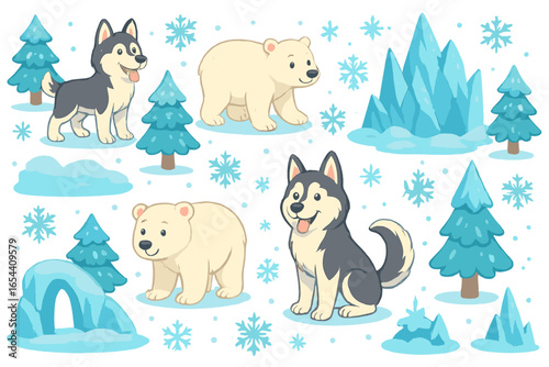 Winter cartoon landscape with playful husky dogs and adorable polar bears among snowflakes, snowy trees, icy mountains and igloo. Arctic animal wildlife vector illustration on transparent background.