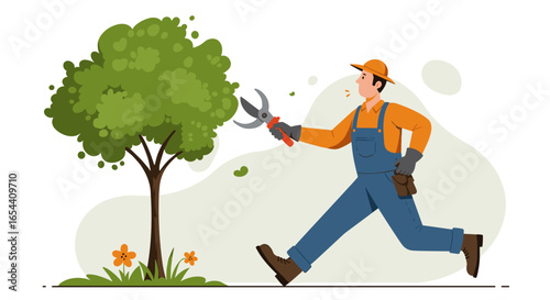 Gardener trimming a tree with shears in a running position