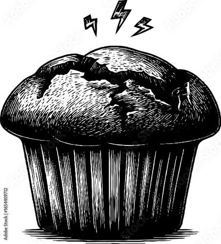 Vintage engraved muffin with cracked top - retro bakery design for print