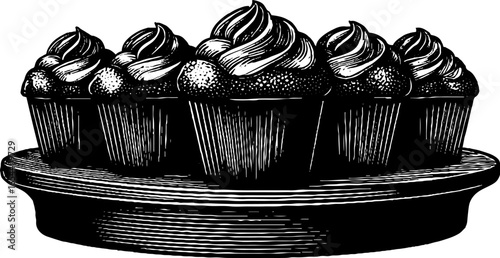 Vintage muffin tray illustration with six cupcakes – perfect for retro design projects