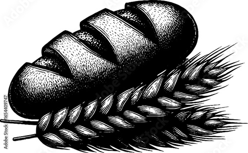 Vintage engraved illustration of multigrain bread with wheat for design and decoration