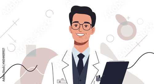 Illustration of a smiling doctor in a lab coat holding clipboard