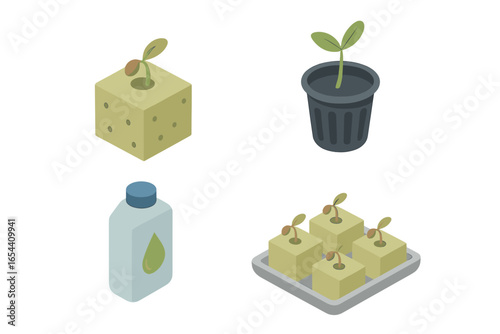 Hydroponics icon set. Isometric vector collection showing seed germination, rockwool cube, plant seedling sprout in net pot, nutrient solution. Modern urban farming concept.