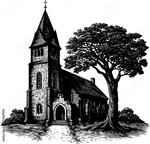 Vintage engraved illustration of historic village church with tree silhouette
