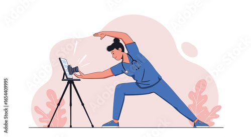 Nurse in scrubs demonstrates exercises via video call on tablet