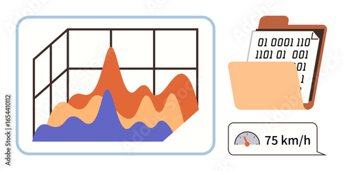 Layered graph with fluctuating data, file folder holding binary code, and speedometer showing 75 kmh. Ideal for data analysis, technology, digital storage, coding, performance, speed tracking simple