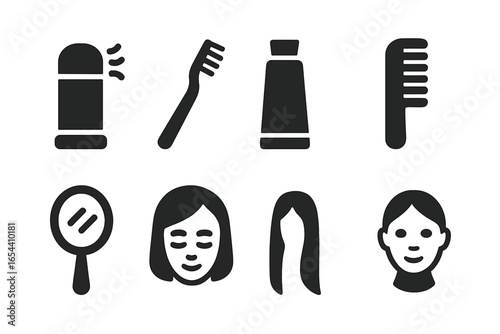 Hygiene and self-care solid glyph icon set. Vector symbols of personal grooming items like deodorant, toothbrush, toothpaste, comb, mirror, and hairstyle for beauty concepts.