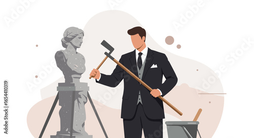 Man in suit holding tools next to a statue on a pedestal art