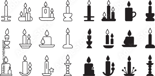 Vector icon set of burning candles. Outline and solid silhouette symbols for various designs.