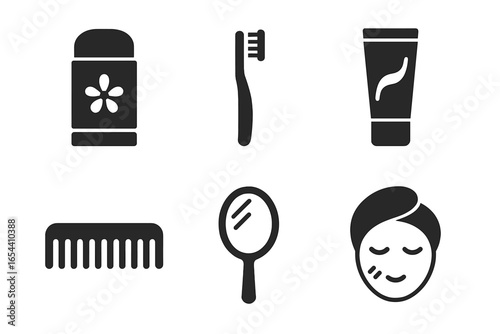 Hygiene and beauty solid glyph icon set. Vector silhouette illustration of self-care items. Deodorant, toothbrush, toothpaste, comb, mirror, face mask. Personal care concept.
