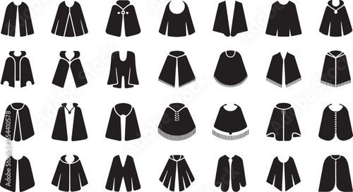 Fashionable and diverse collection of stylized capes, ponchos, and wraps silhouettes vector set