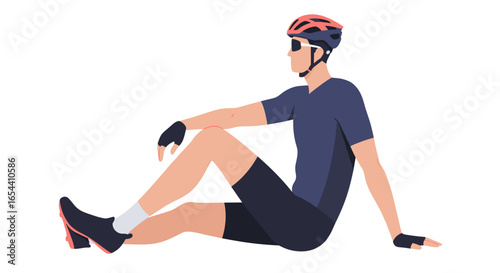 Cyclist sitting on the ground wearing helmet and sunglasses