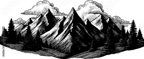 Engraved panoramic mountain view with forest and clouds - hand drawn artwork for posters and prints